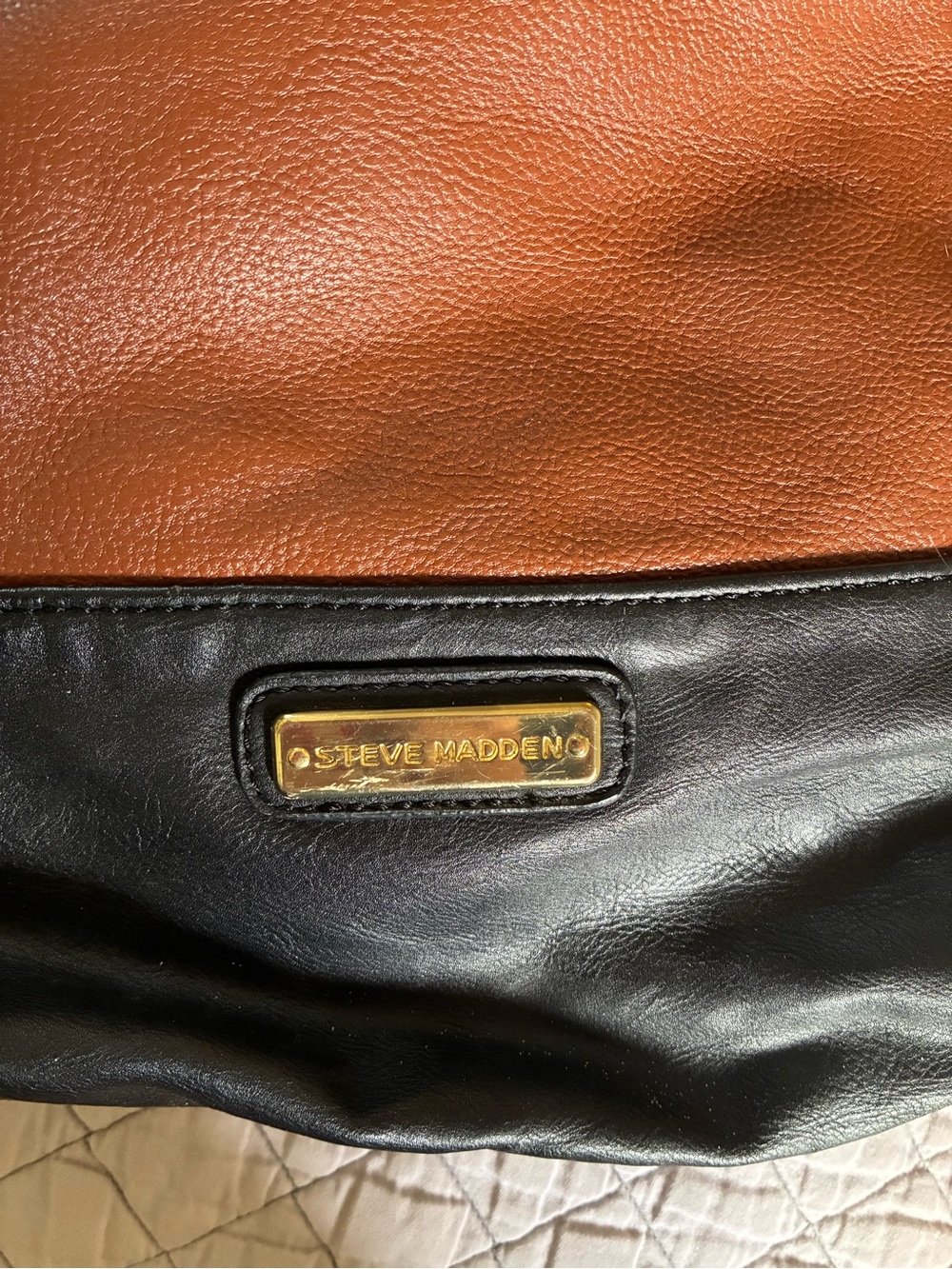 Steve Madden Brown and Black Leather Tote with Patterned Adjustable Strap - Picture 2 of 8